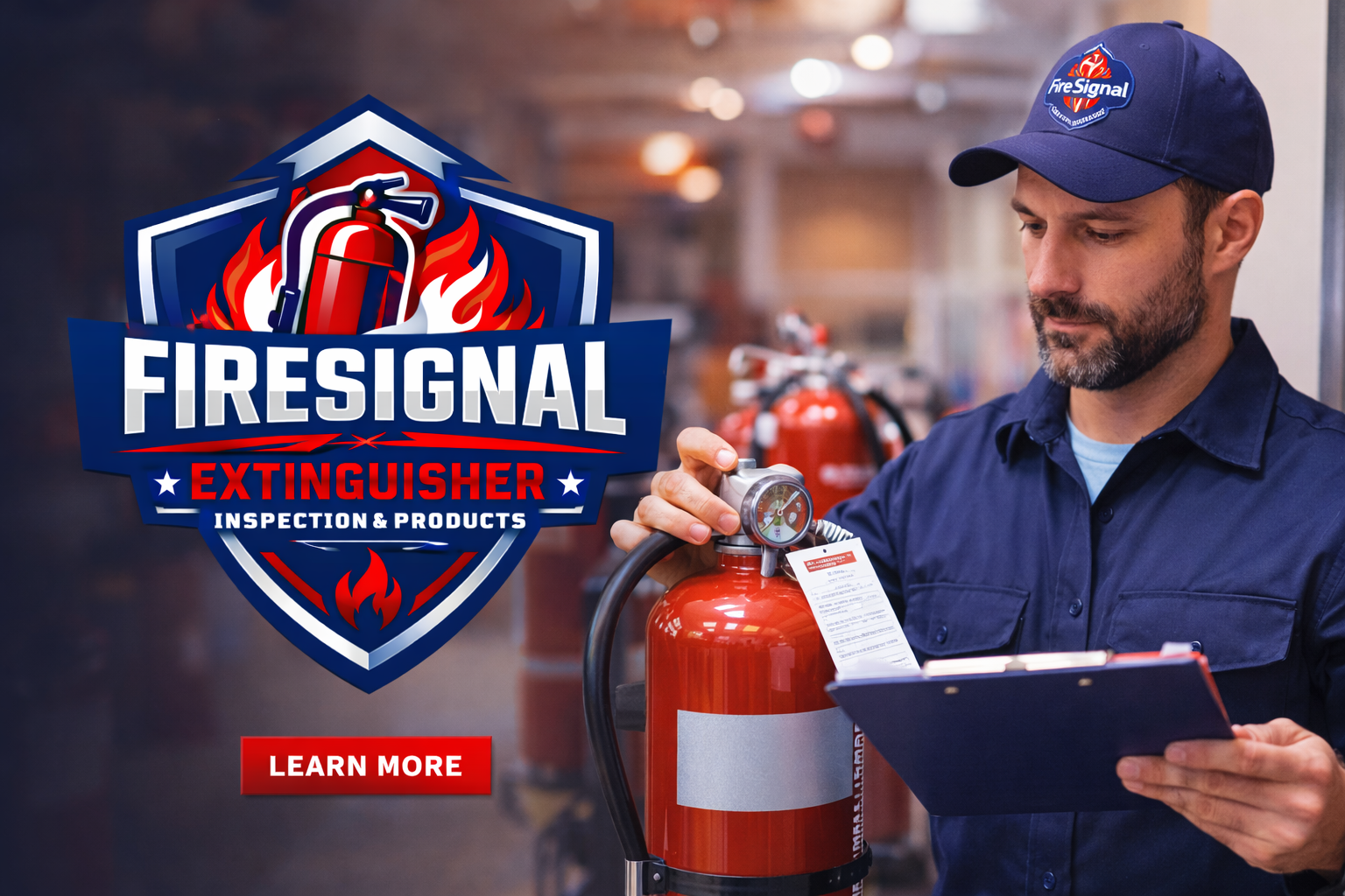 FireSignal Technician Inspecting Fire Extinguisher